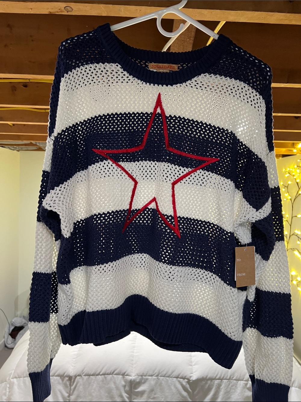 Striped Open-Knit Crew Sweater with Red Star Detail - Navy & White